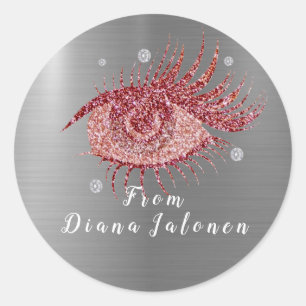 Pegatina Redonda Salón de belleza Purpurina Lash rosa Plata Metaliz