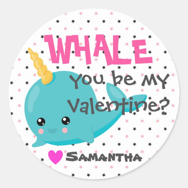 Pegatina Redonda Salón de clases Narwhal Valentine "Ballena, eres m (Anverso)