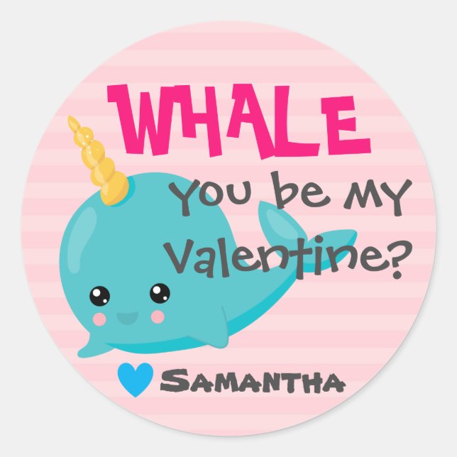 Pegatina Redonda Salón de clases Narwhal Valentine "Ballena, eres m (Anverso)