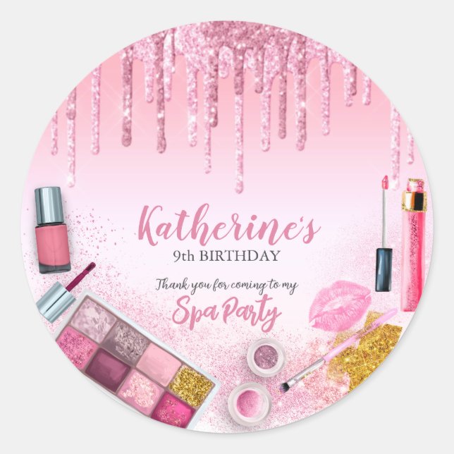 Pegatina Redonda Salón de cumpleaños del Fiesta Glam Chica (Anverso)