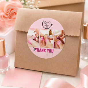 Pegatina Redonda Salón de Uñas Arte Logo Rosa Negro Moderno 3 Fotos