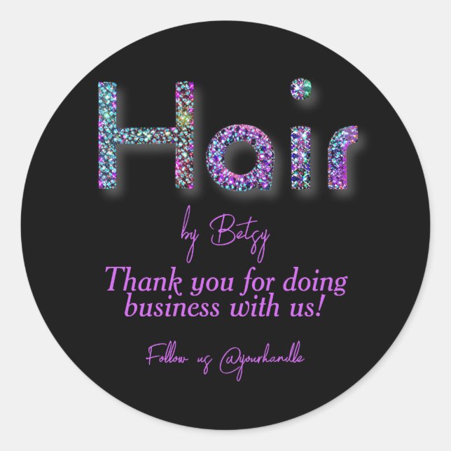 Pegatina Redonda Salón Holográfico Purpurina Hair Stylist Gracias (Anverso)