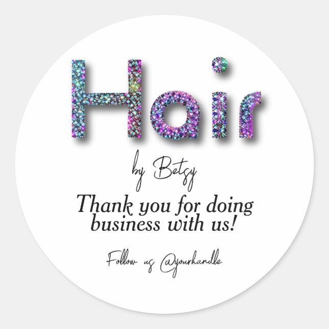 Pegatina Redonda Salón Holográfico Purpurina Hair Stylist Gracias (Anverso)