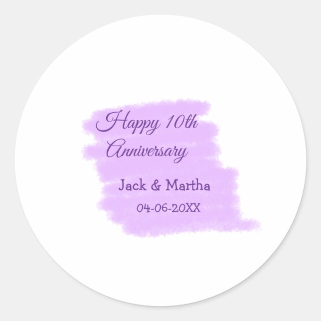 Pegatina Redonda Salpicadura de acuarela morada moderna 10º anivers (Anverso)