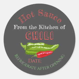 Pegatina Redonda Salsa caliente casera Chili Peppers Chalkboard Art