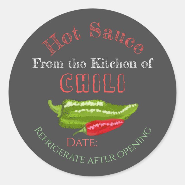 Pegatina Redonda Salsa caliente casera Chili Peppers Chalkboard Art (Anverso)