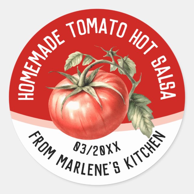 Pegatina Redonda Salsa caliente de tomate casero con tomate rojo (Anverso)