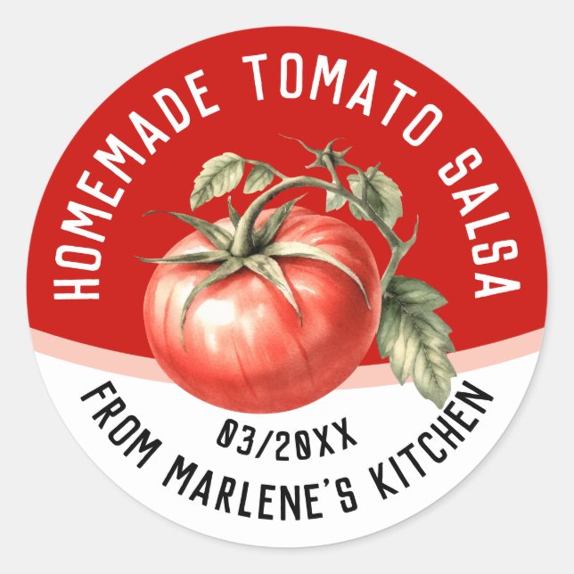 Pegatina Redonda Salsa de tomate casera con tomate rojo (Anverso)