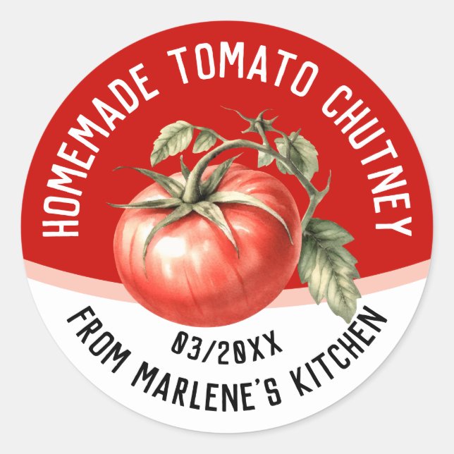Pegatina Redonda Salsa de tomate casera con tomate rojo (Anverso)