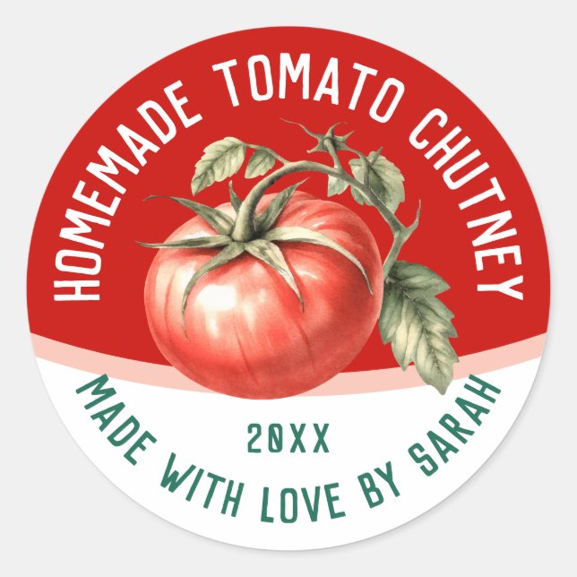 Pegatina Redonda Salsa de tomate casera editable con tomate rojo (Anverso)
