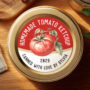 Pegatina Redonda Salsa de tomate casera editable con tomate rojo
