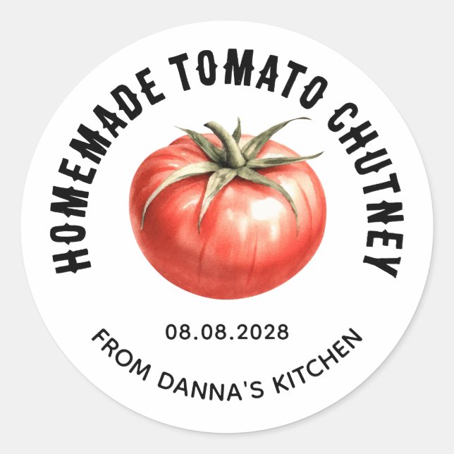 Pegatina Redonda Salsa de tomate conservada con tomate acuarela (Anverso)