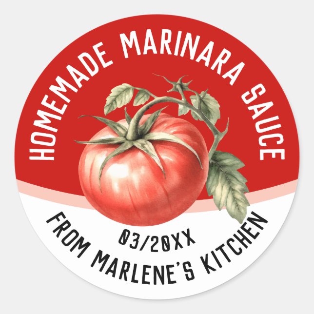 Pegatina Redonda Salsa marinara casera editable con tomate rojo (Anverso)