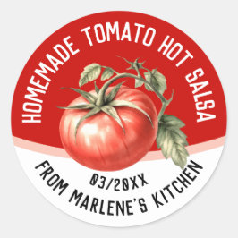 Pegatina Redonda Salsa picante casera de tomate con tomate rojo