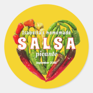Pegatina Redonda Salsa picante picante chile pimiento corazón mosta