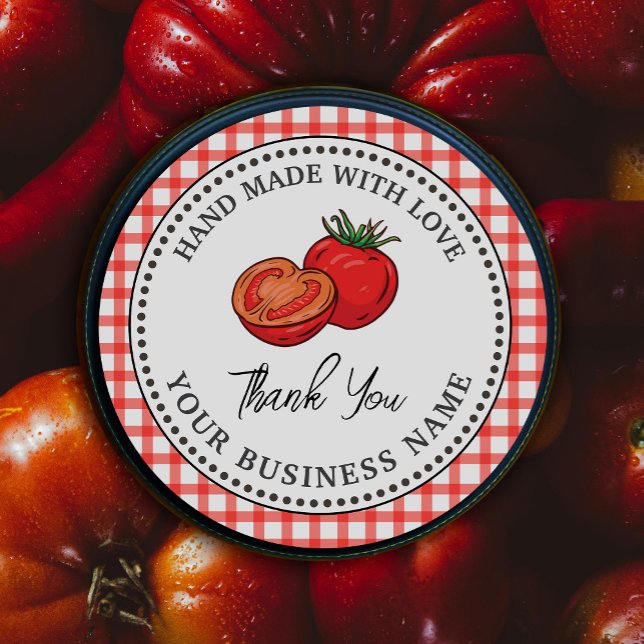 Pegatina Redonda Salsa Roja Casera Rústica Check Rojo  (Rustic Homemade Tomato Sauce Red Check Classic Round Sticker. #tomatoeslabel #thankyou #watercolorto)