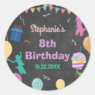 Pegatina Redonda Salto Cumpleaños Chalkboard Kid Trampoline Fiesta