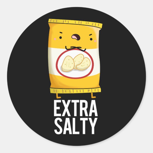 Pegatina Redonda Salty extra Funny Salty Snack Pun Dark BG (Anverso)