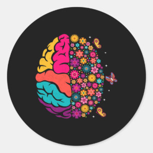 Pegatina Redonda Salud Mental Floral Cerebro Depresión Conciencia C