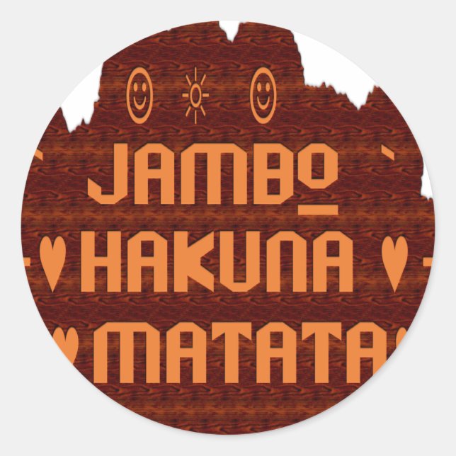 Pegatina Redonda Saludo africano: Diseño de madera Jambo Hakuna Mat (Anverso)