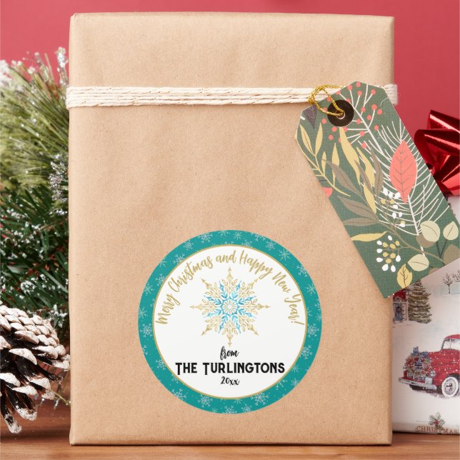 Pegatina Redonda Saludo de feriado con copas de nieve de Aqua Blanc (Vacaciones)