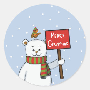 Pegatina Redonda Saludo de Navidad del Oso Polar y el Petirrojo
