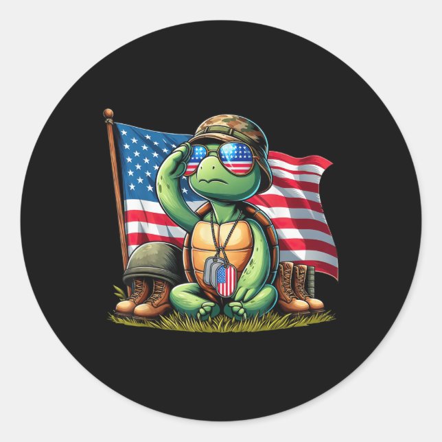 Pegatina Redonda Saludo Turtle American Flag Memorial Day 4O (Anverso)
