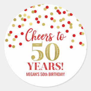 Pegatina Redonda Saludos a 50 años Confeti Rojo de Oro de cumpleaño