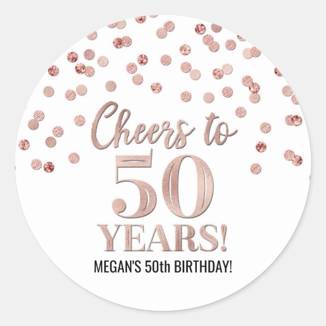 Pegatina Redonda Saludos a 50 años Rosa de oro Confetti (Anverso)