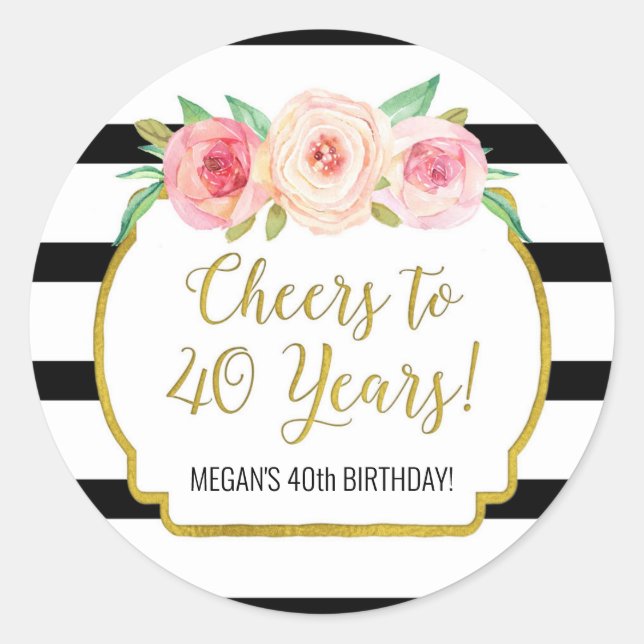Pegatina Redonda Saludos a los 40 años Flores de franjas negras (Anverso)