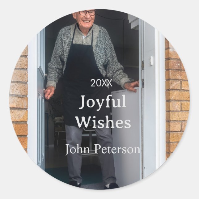 Pegatina Redonda Saludos alegres agregar nombre foto hombre vacacio (Anverso)