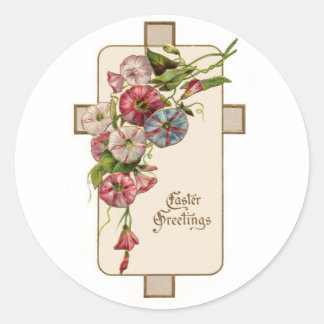 Pegatina Redonda Saludos cristianos con flores de Pascua