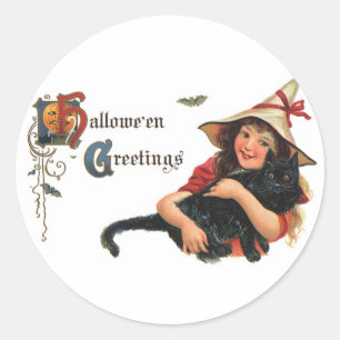 Pegatina Redonda Saludos de Halloween vintage, niña bruja con gato