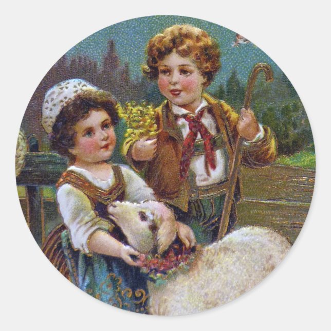 Pegatina Redonda Saludos de Pascua 1908 (Anverso)