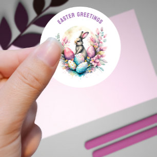Pegatina Redonda Saludos de Pascua Conejo y Personalizado de Huevos