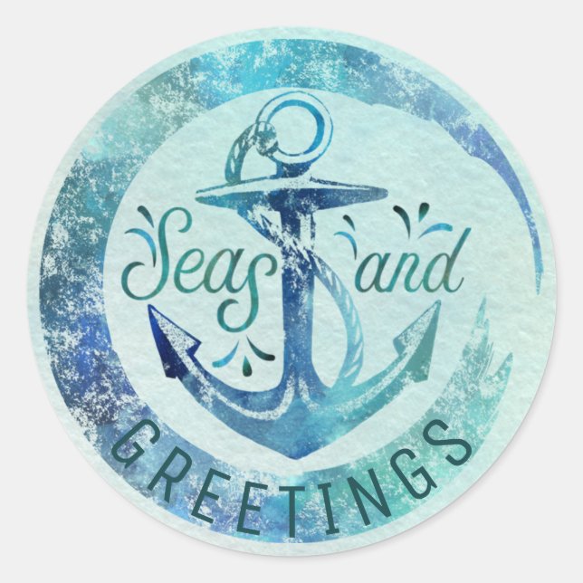 Pegatina Redonda "Saludos de SEAson" náuticos, ola acuarela (Anverso)