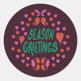 Pegatina Redonda Saludos de temporada en escritura verde con corazo