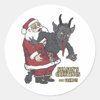 Pegatina Redonda Saludos de vacaciones de Krampus (y Santa)