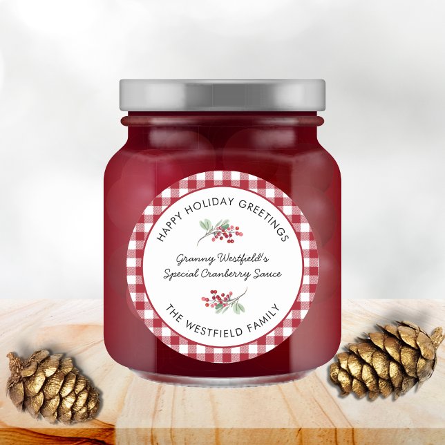 Pegatina Redonda Saludos de vacaciones Regalo de alimentos de Borgo (Happy Holiday Greetings Burgundy Buffalo Plaid Food Gift Round Jar Label)