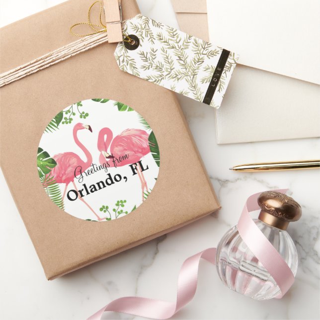 Pegatina Redonda Saludos desde Orlando, FL—flamencos rosados (Regalar)