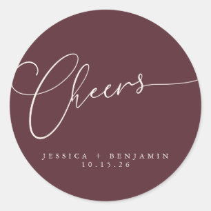 Pegatina Redonda Saludos Minimal Burgundy Script Custom Wedding