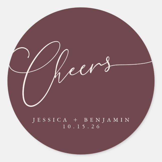 Pegatina Redonda Saludos Minimal Burgundy Script Custom Wedding (Anverso)