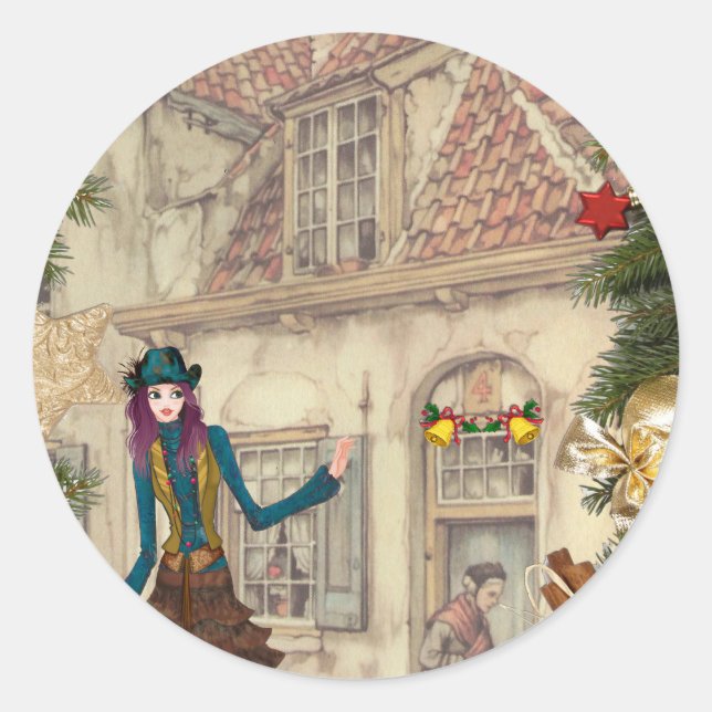Pegatina Redonda Saludos navideños de Anton Pieck (Anverso)
