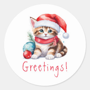 Pegatina Redonda Saludos navideños Navidades gatitos