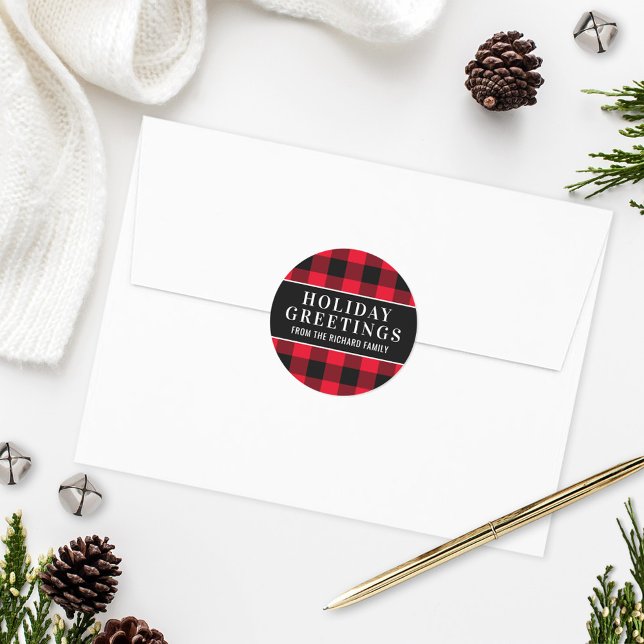 Pegatina Redonda Saludos navideños rojos y negros en búfalo (Subido por el creador)