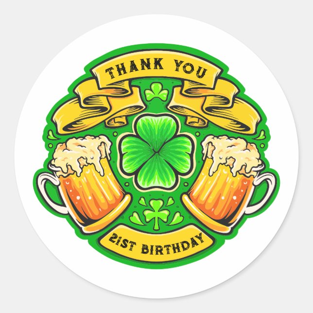 Pegatina Redonda Saludos San Patricio Día Shamrock 21 cumpleaños (Anverso)