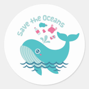 Pegatina Redonda Salva los Océanos, Ballena Adorable Ruega