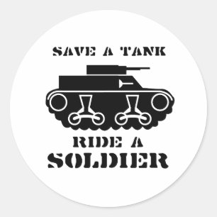 PEGATINA REDONDA SALVA UN TANQUE. MONTA A UN SOLDADO.