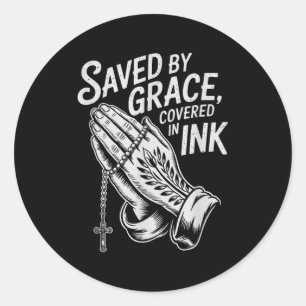 Pegatina Redonda Salvado Por Gracia Cubierto De Tinta Fe Cristiana
