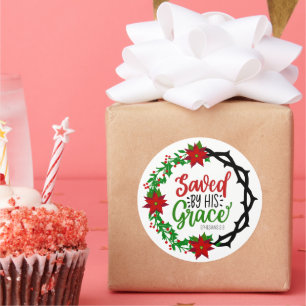 Pegatina Redonda Salvado por Wreath, Navidades de Su Gracia